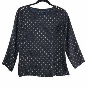 Cynthia Rowley Womens Medium Navy Blue Anchor Top Blouse Long Sleeve Lightweight